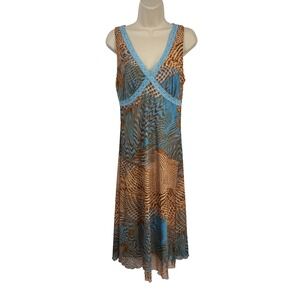 Vintage Y2K Barami  Babydoll Lace Trim Dress Women Large Blue Brown Animal Print